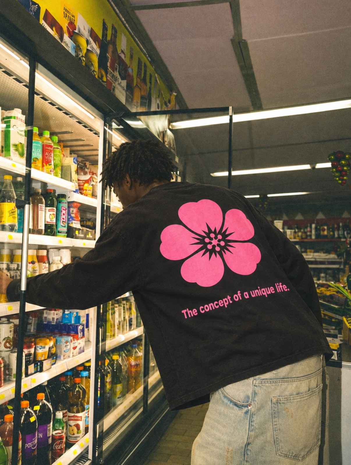 Model in de Bloom longsleeve, van achteren, bij de koeling van een winkel